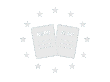 Documents RGPD et AI Act sur fond aux étoiles européennes — symbolisant la conformité réglementaire européenne assurée par Codesia